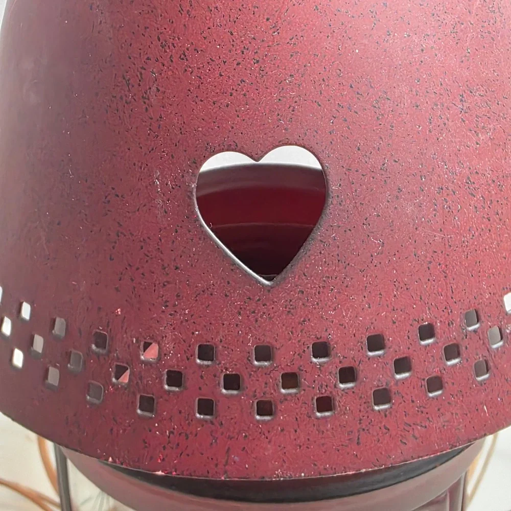 Rustic Burgundy Red Metal Heart Lantern Etched‎ Glass Tea Light Holder